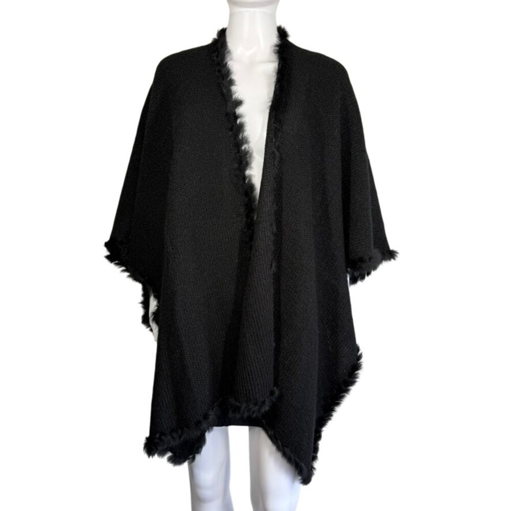 Vintage 90s RedFish Designs Rabbit Fur Black Shawl Poncho